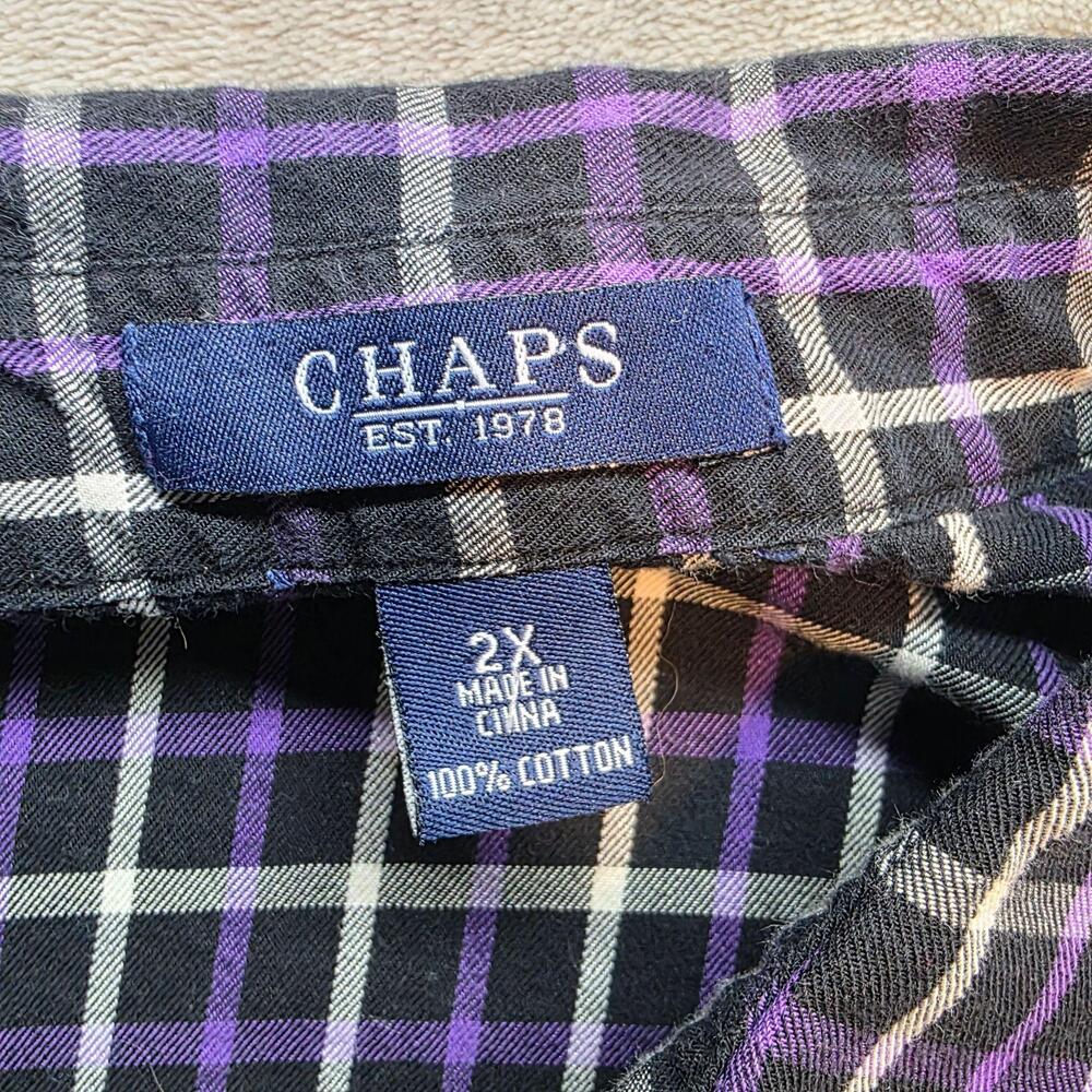 Chaps Button Up Shirt Womens 2X Black Purple Plaid Long Puff Sleeve Cotton - Picture 7 of 8
